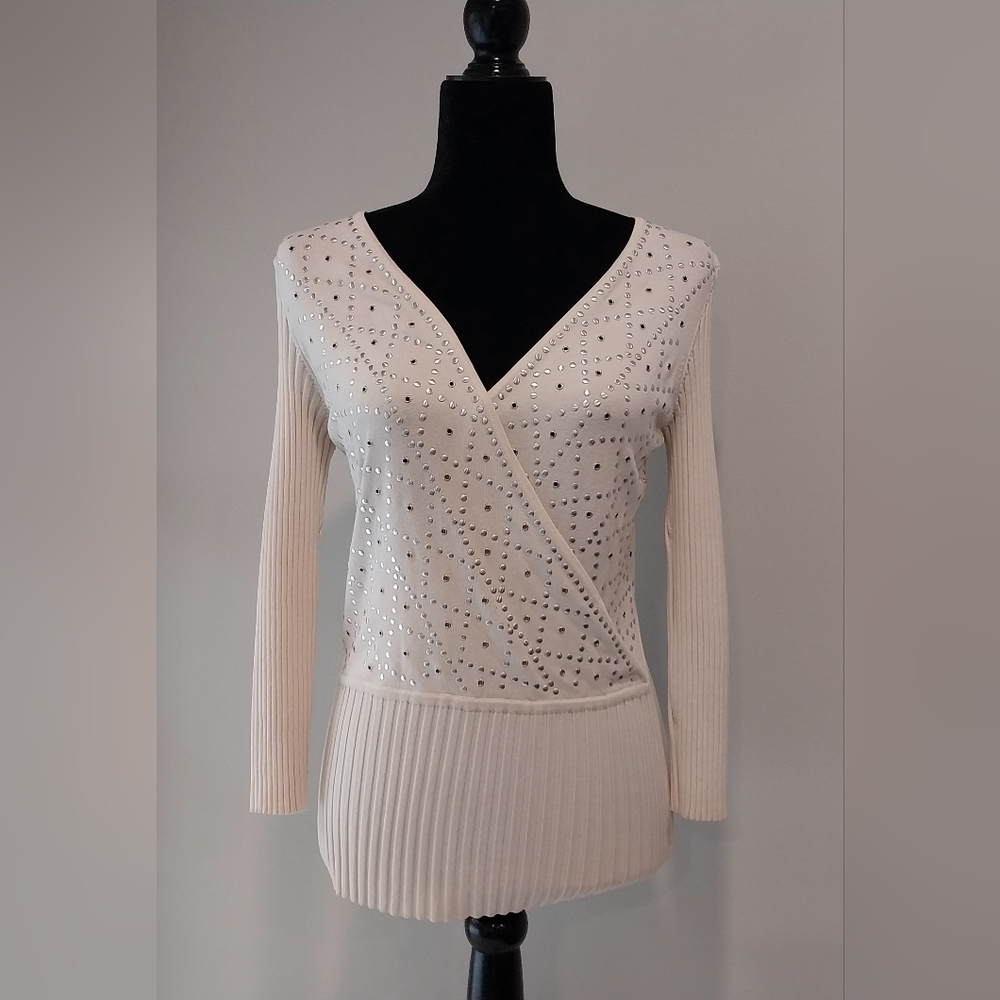 WR Size 6 Silk Blend Studded Faux Wrap Cream Long Sleeve Sweater